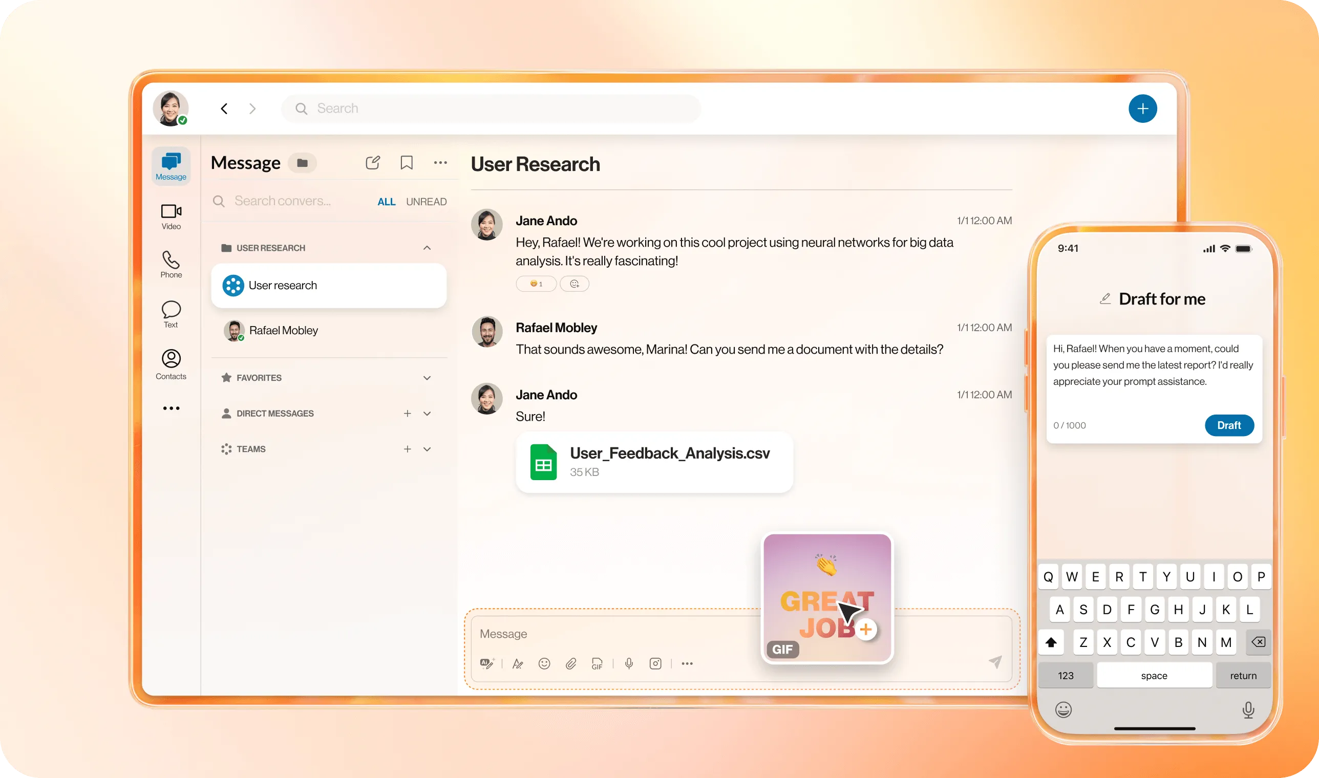 The AI draft for me feature on a mobile device on top of the team messaging feature of the desktop RingCentral App