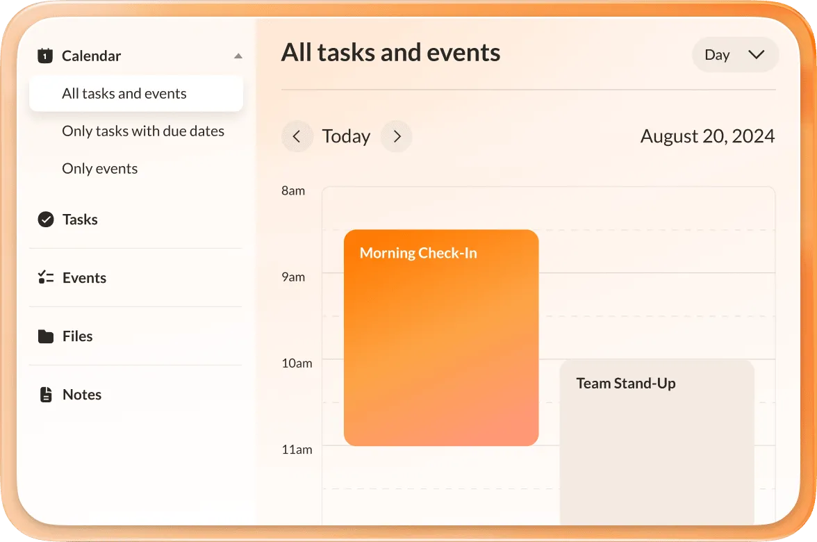 The Calendar feature of the RingCentral App showing All Tasks and Events