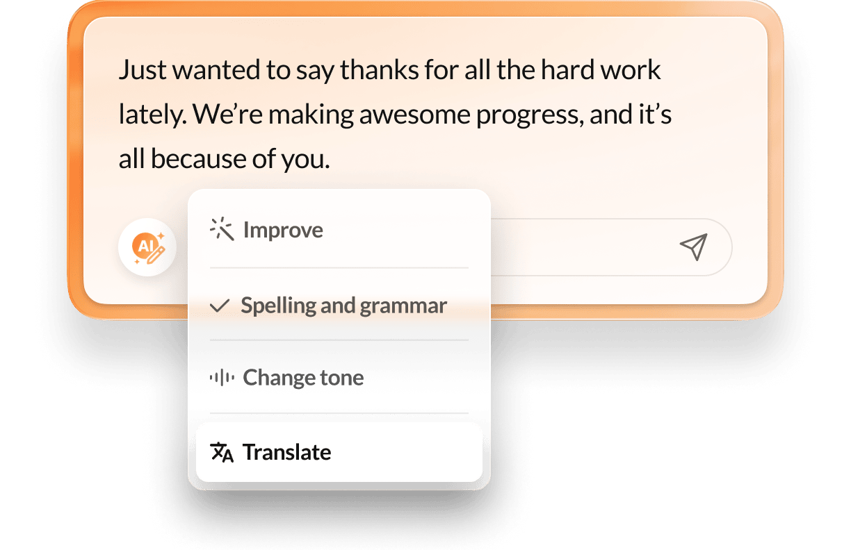 A reply draft that features different AI Writer options like Improve, Spelling and grammar, Change tone, and Translate