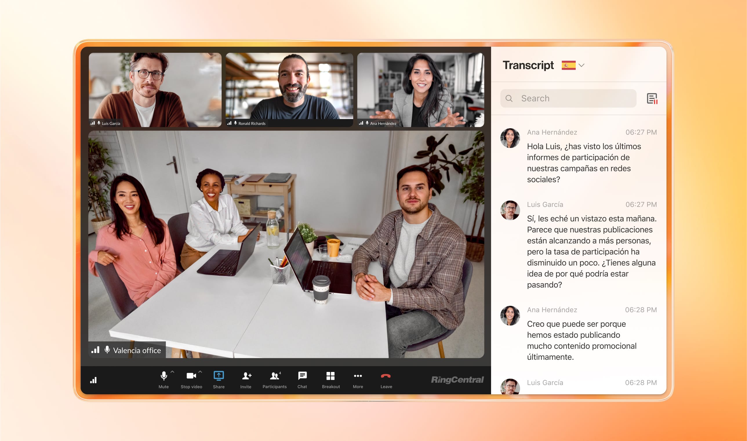 Remote and in-office employees joining a RingCentral Video meeting and leveraging transcript feature 