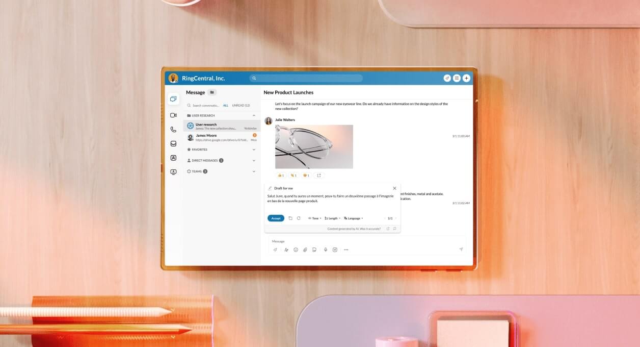 The AI draft for me feature of the RingCentral App on top of a team messaging group called New Product Launches