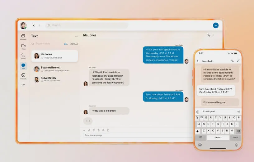 Text Messaging feature on the RingCentral app, displayed on mobile and laptop