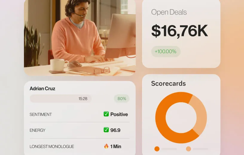 An overview of a contact center agent showing total amount of open deals, sentiment and energy scores,and scorecards