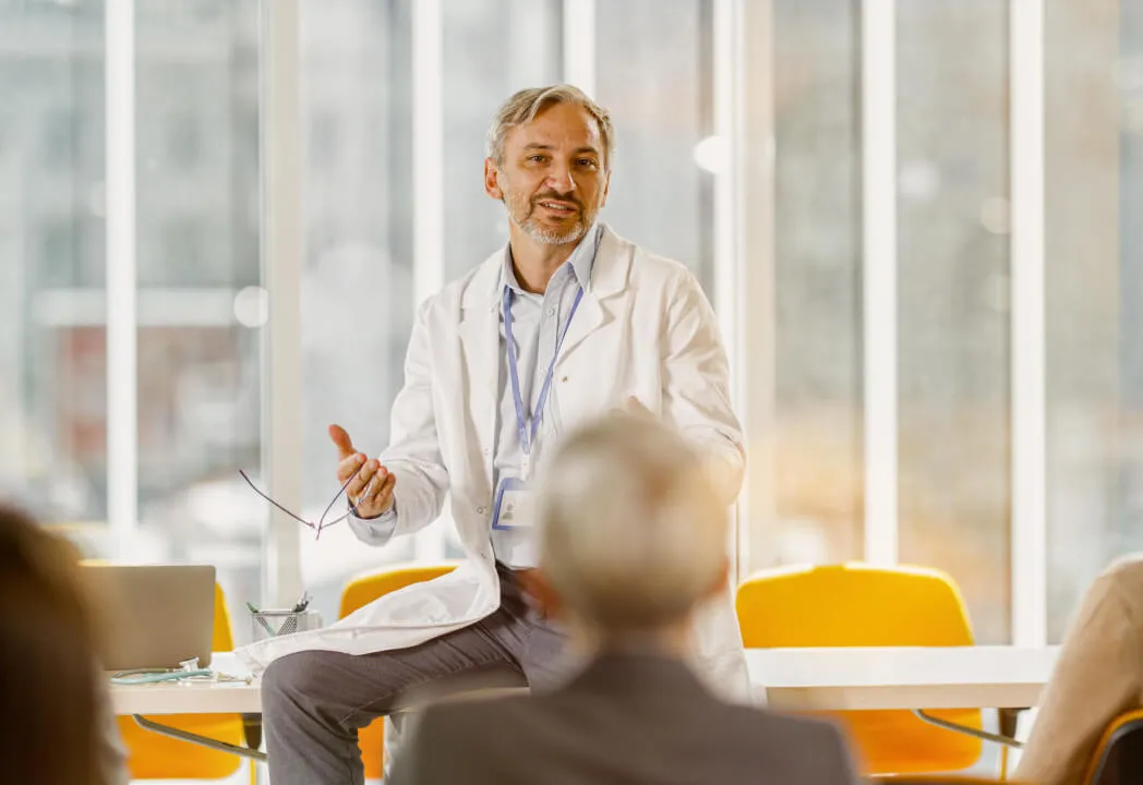 A management consultant is speaking at an event for administrators