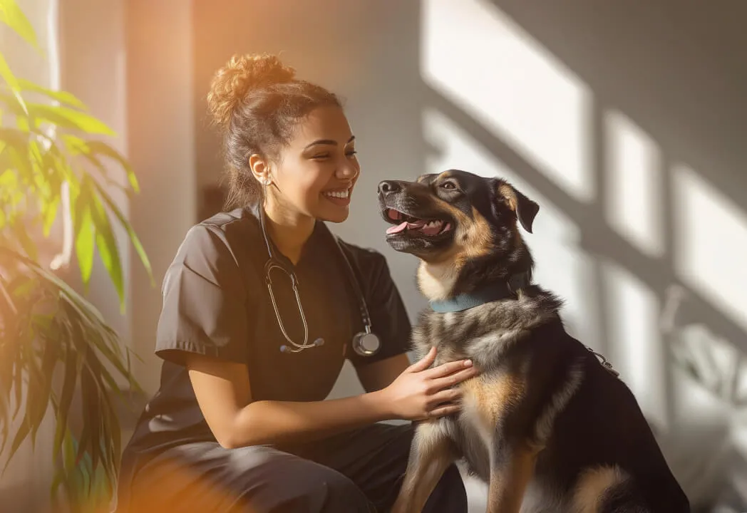 A veterinary nurse is petting a brown and black shepherd dog
