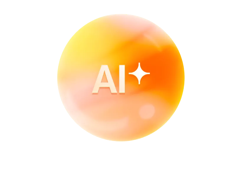 Orange gradient circle with "AI" text and a spark symbol in the center.