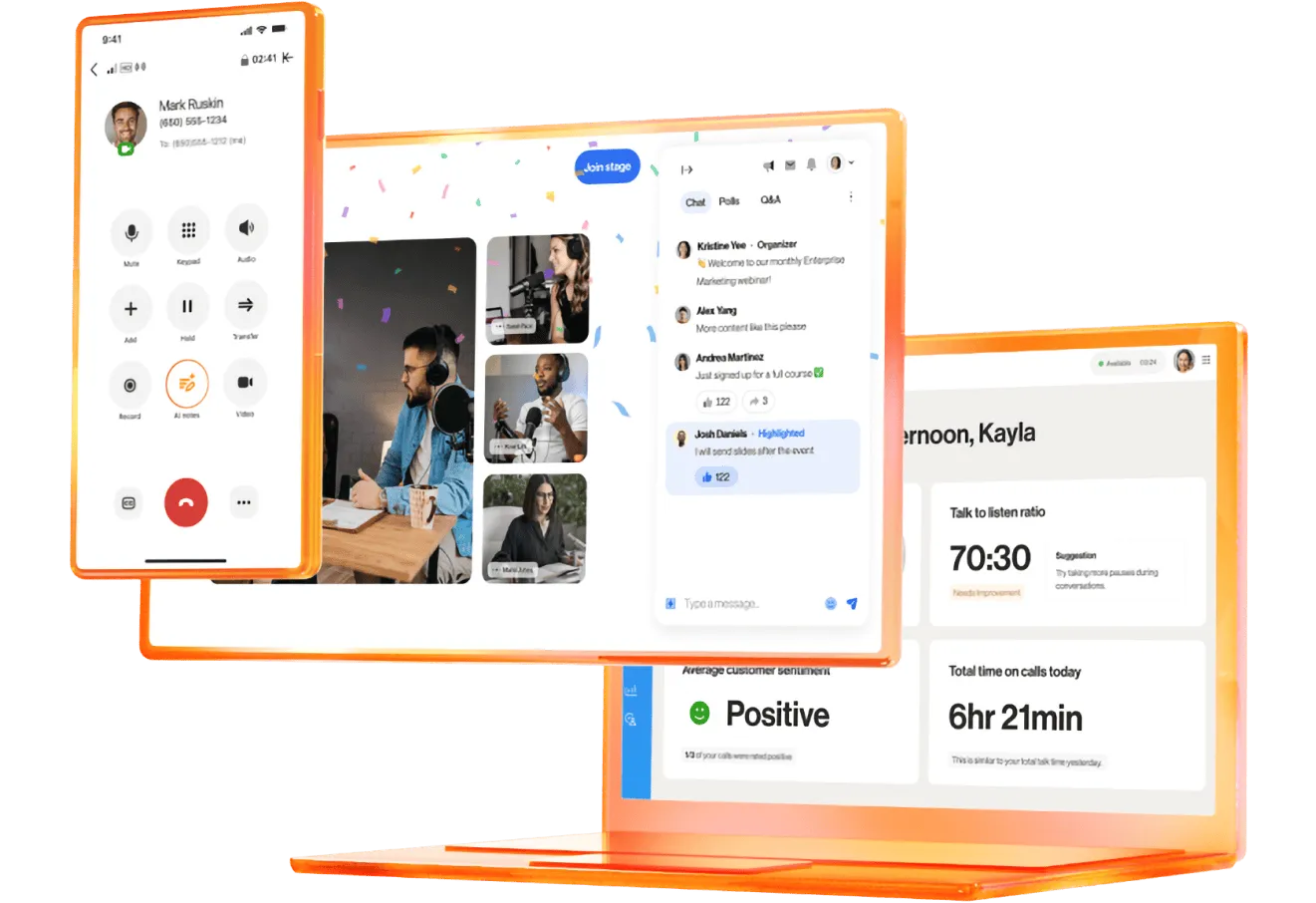 Mobile, tablet and laptop screens showing RingCentral RingEX, Events and RingCX apps