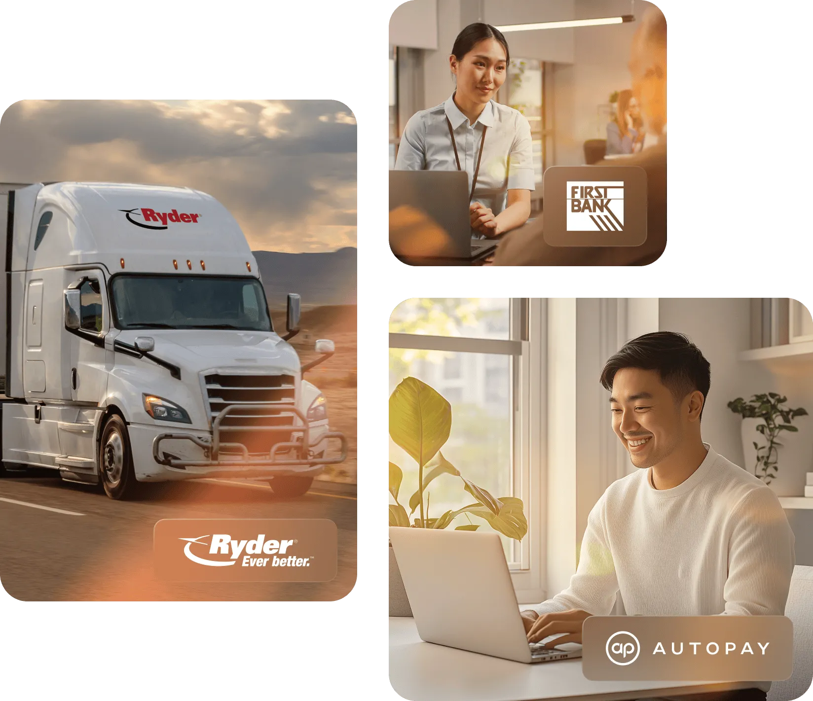 Collage featuring a Ryder truck on the road, a woman in professional attire at a desk with a First Bank logo, and a smiling man working on a laptop with an Autoplay logo.