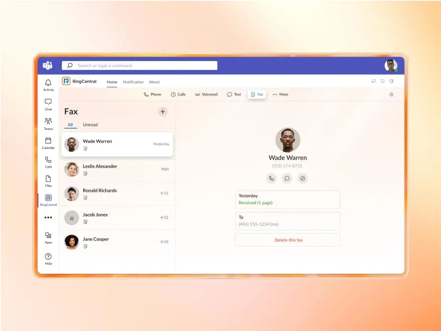 RingCentral online fax feature on desktop app